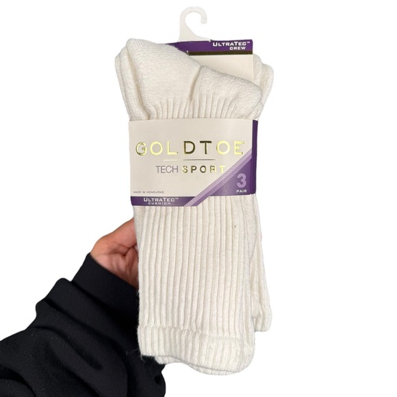 Gold Toe Tech Sport Crew Socks 3 Pair Ultratec Cushion White Women's NEW 468 - Picture 1 of 6